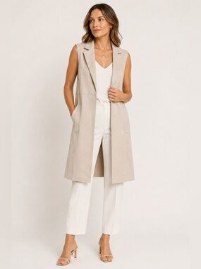 NWT Joan Vass New York Faux Suede Long Vest Duster Light Stone XL Minimalist